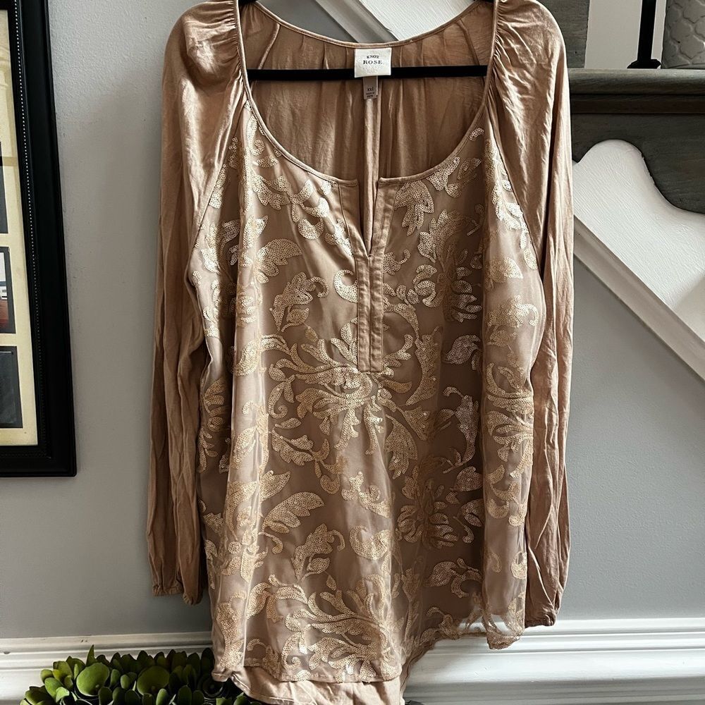 Knox Rose Tan Sequin Pattern Tunic Blouse sz XXL